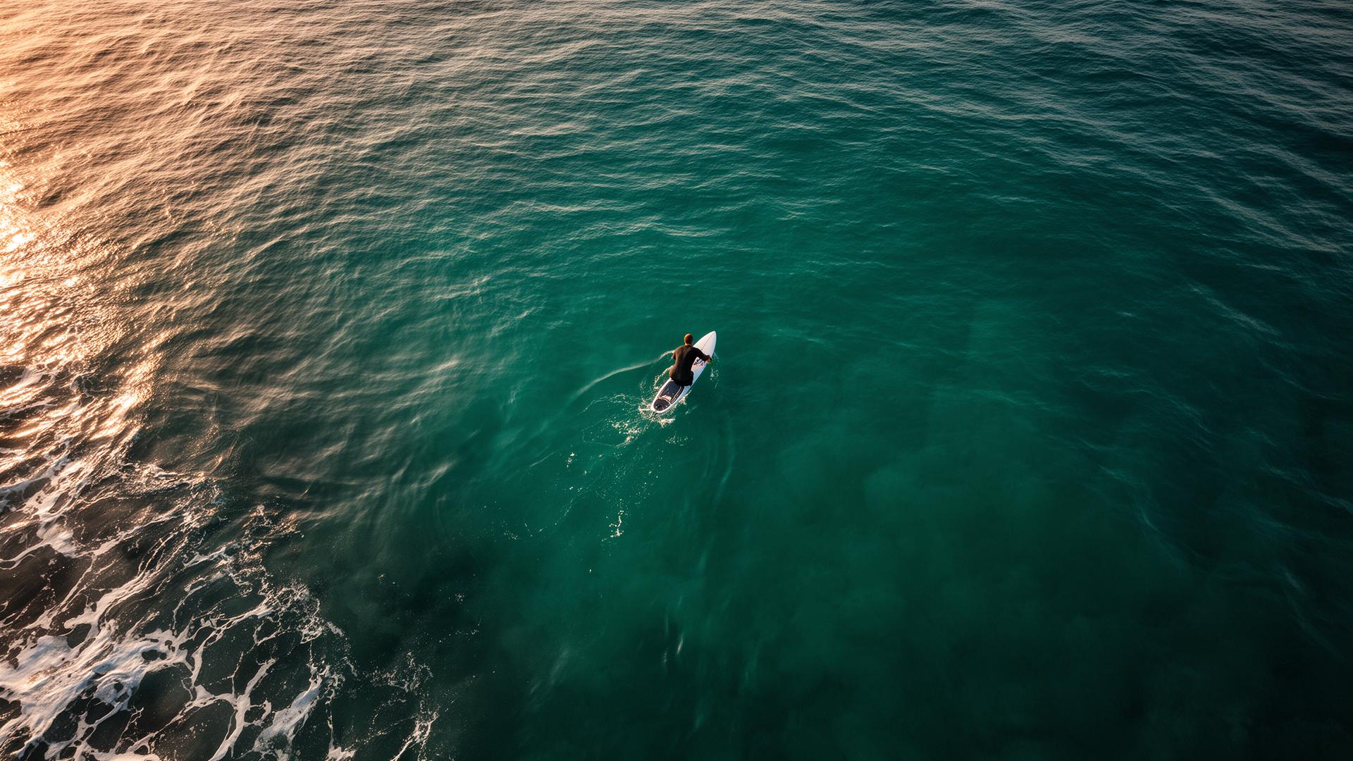 Surfista remando al amanecer en la playa de San Agustín